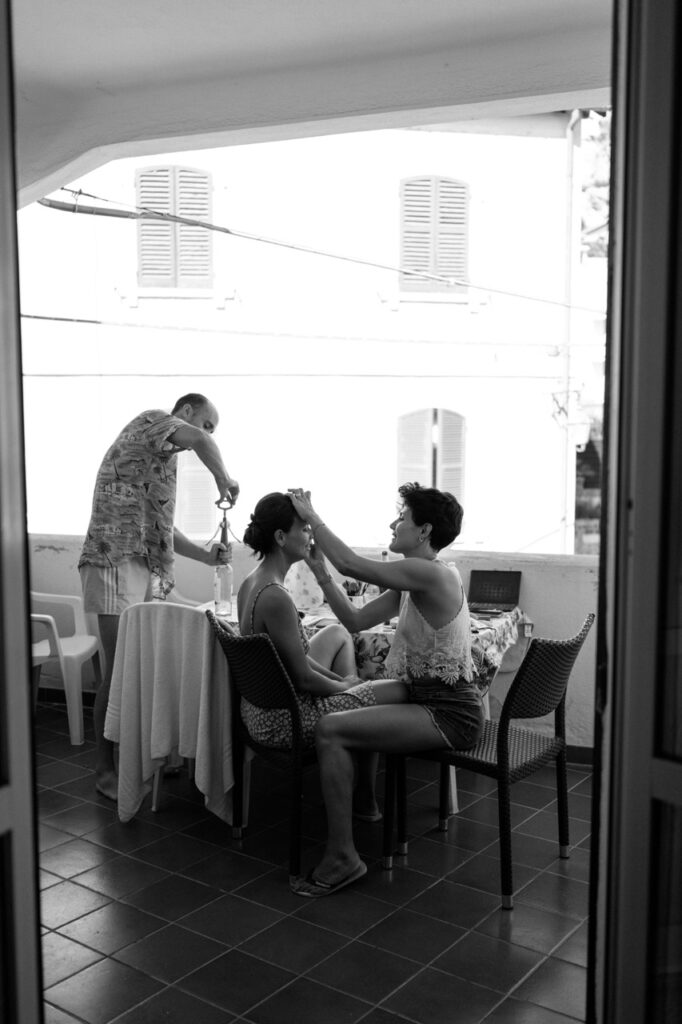 Bride getting ready for beach wedding, Finale Ligure Liguria Italy