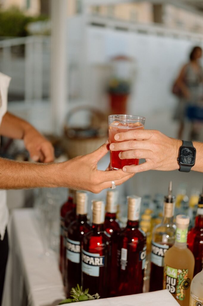 Campari cocktail served at Italian wedding, Finale Ligure reception