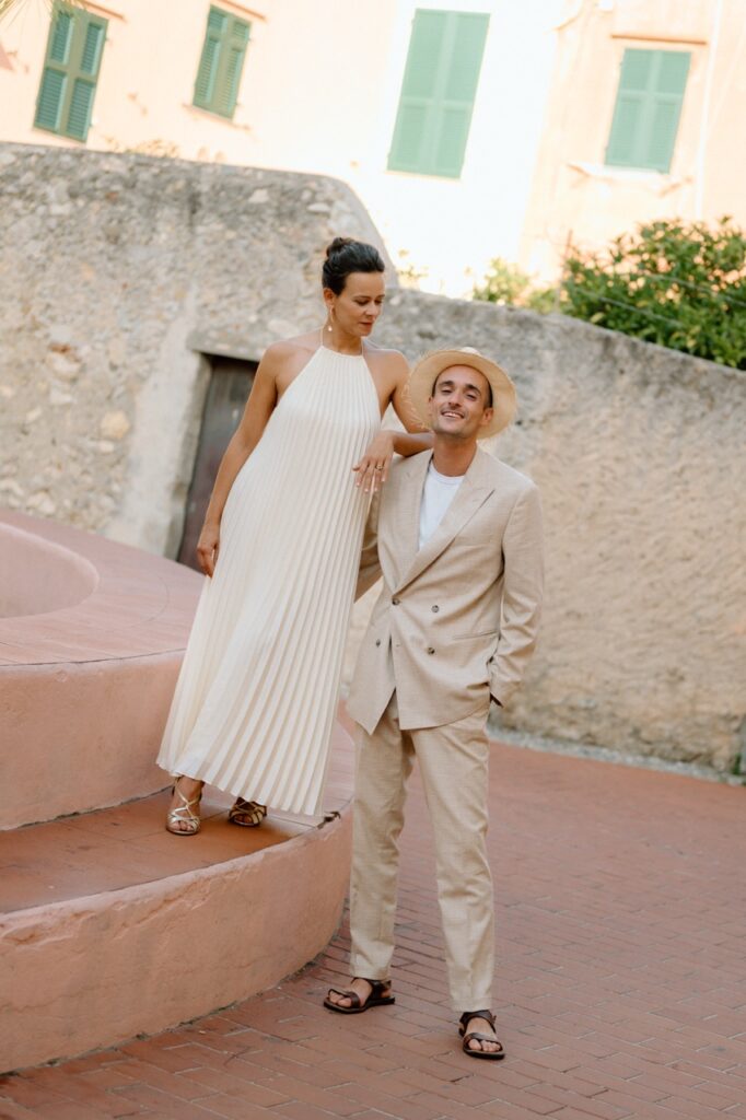 Couple portrait on terracotta steps, Italian Riviera wedding photographer