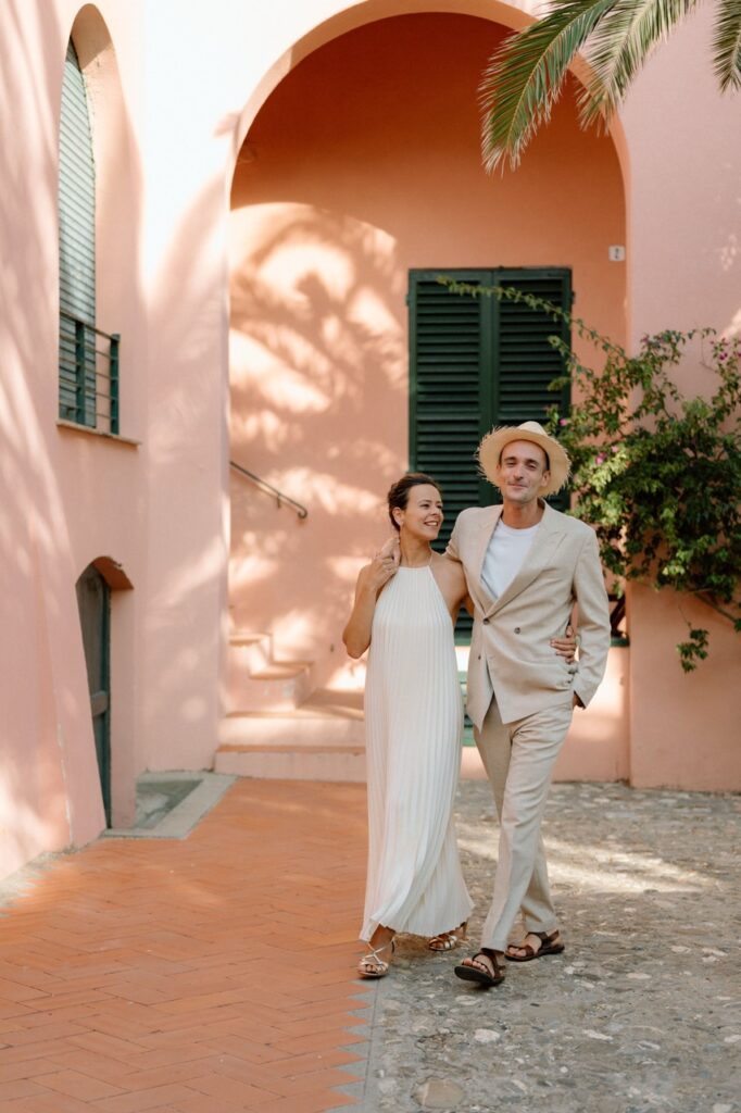 Wedding couple in Finalborgo village, destination wedding photographer Liguria Italy