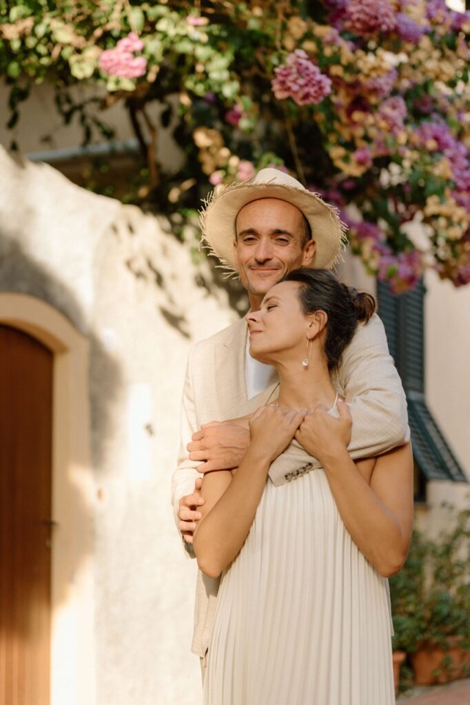 Couple embracing at golden hour, destination wedding photographer Italy